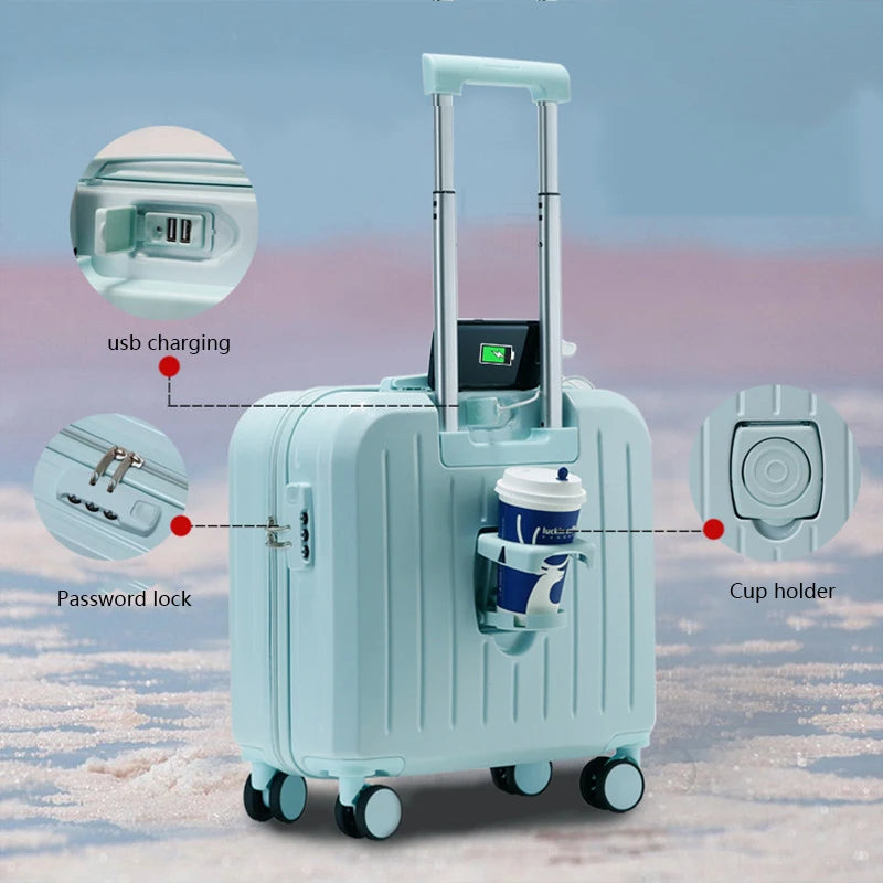 The 18/20 Inch Multifunctional Travel Trolley Suitcase with Cup Holder